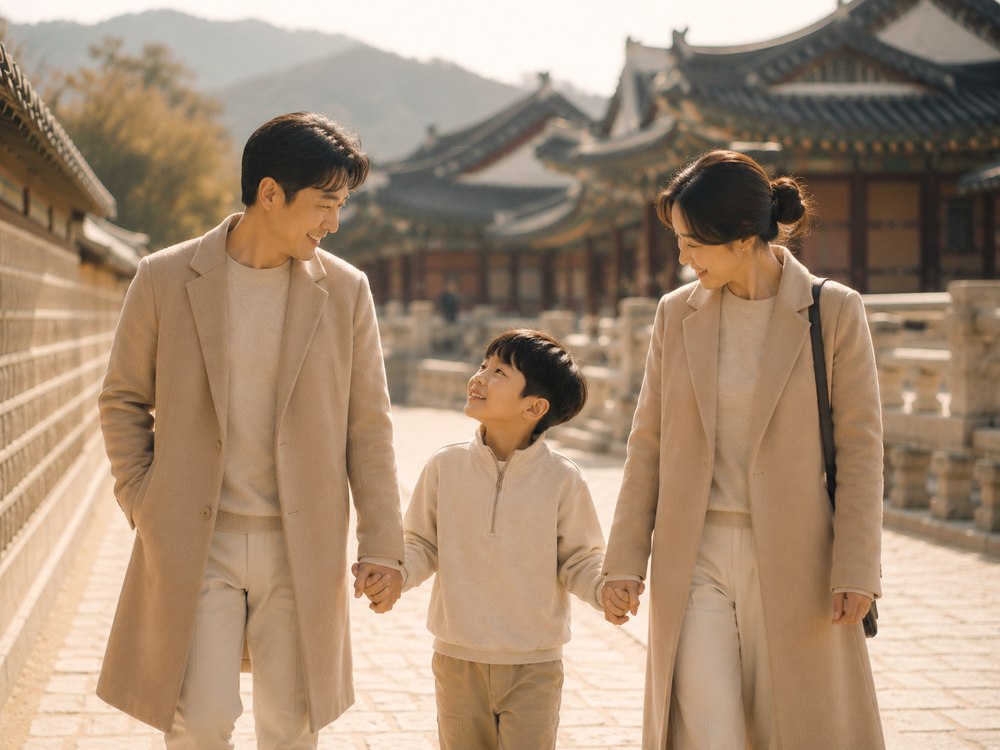 궁궐 뜰을 함께 걷는 부모와 아이